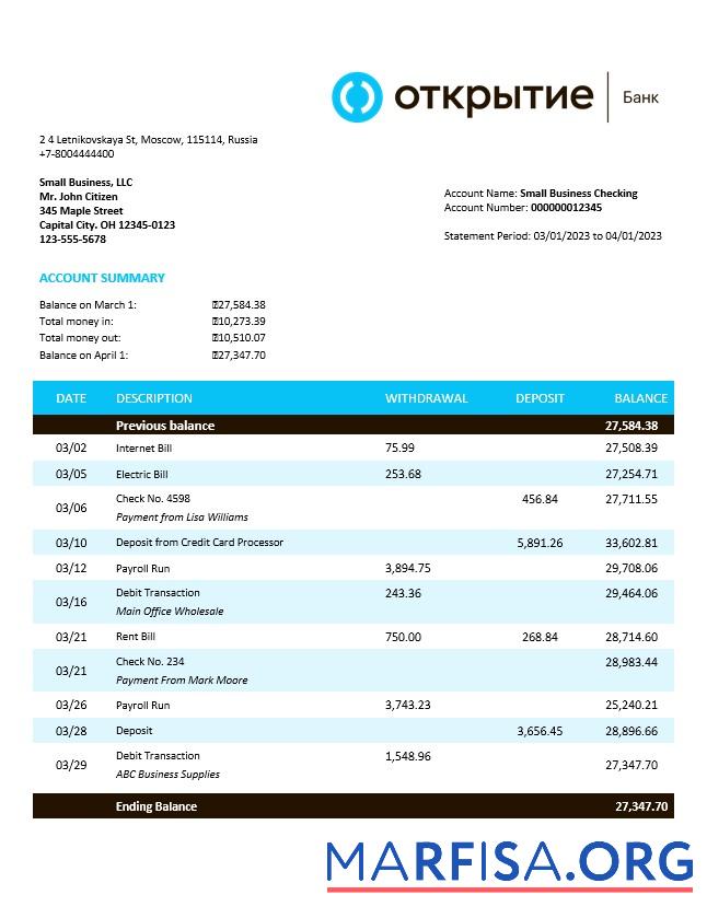 Blank Otkritie FC Bank enterprise account statement Word and PDF template